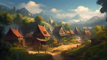 Village Fantasy Backdrop Concept Art Realistic Illustration Background with photo