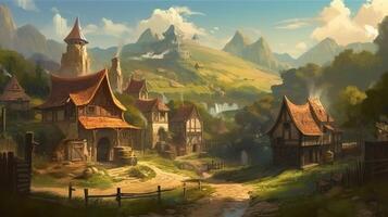Village Fantasy Backdrop Concept Art Realistic Illustration Background with photo