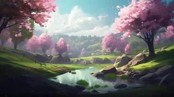 Spring Fantasy Backdrop Concept Art Realistic Illustration Background with photo