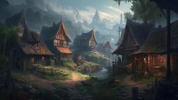 Village Fantasy Backdrop Concept Art Realistic Illustration Background with photo