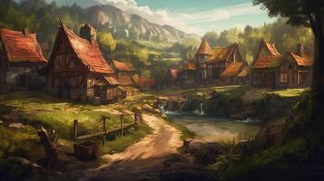 Village Fantasy Backdrop Concept Art Realistic Illustration Background with photo