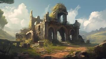 Ruin Building Fantasy Backdrop Concept Art Realistic Illustration Background with photo