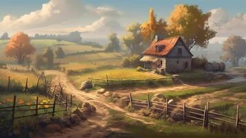 Farm Fantasy Backdrop Concept Art Realistic Illustration Background with photo