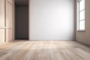 Close Up of An Empty Room White Wall and Wooden Floor Texture Illustration Background Mock Up with photo