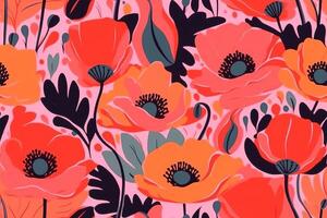 Bright Orange Pink Poppies Flowers Abstract Illustration Seamless Pattern Background with photo