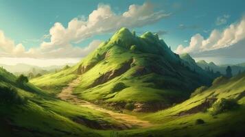 Hill Fantasy Backdrop Concept Art Realistic Illustration Background with photo