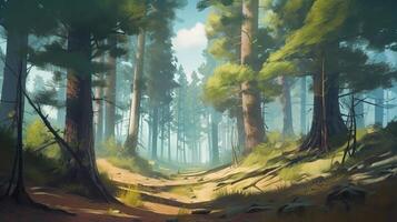 Pine Forest Fantasy Backdrop Concept Art Realistic Illustration Background with photo