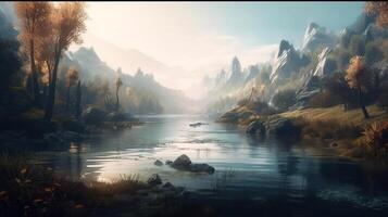 Lake Fantasy Backdrop Concept Art Realistic Illustration Background with photo