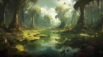 Swamp Fantasy Backdrop Concept Art Realistic Illustration Background with photo