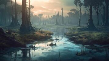 Swamp Fantasy Backdrop Concept Art Realistic Illustration Background with photo