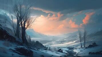 Winter Fantasy Backdrop Concept Art Realistic Illustration Background with photo