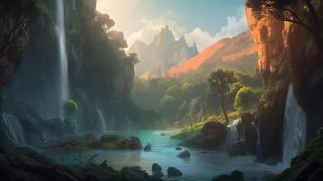 Waterfall Fantasy Backdrop Concept Art Realistic Illustration Background with photo