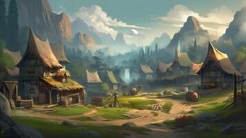 Village Fantasy Backdrop Concept Art Realistic Illustration Background with photo