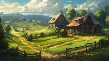 Farm Fantasy Backdrop Concept Art Realistic Illustration Background with photo