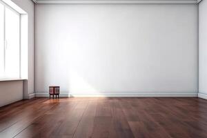 Close Up of An Empty Room White Wall and Wooden Floor Texture Illustration Background Mock Up with photo