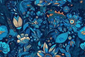 Vibrant Blue Flowers Illustration Seamless Pattern with photo