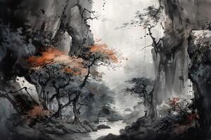 Japanese Art Tree Painting Illustration with photo