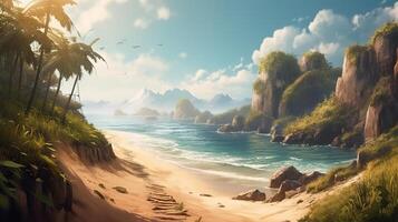 Beach Fantasy Backdrop Concept Art Realistic Illustration Background with photo