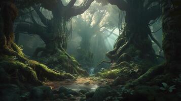 Deep Forest Fantasy Backdrop Concept Art Realistic Illustration Background with photo