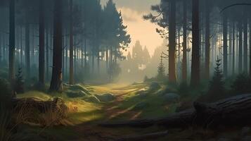 Pine Forest Fantasy Backdrop Concept Art Realistic Illustration Background with photo