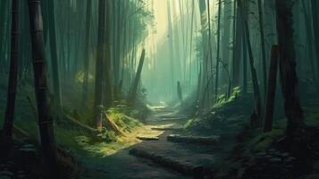 Bamboo Forest Fantasy Backdrop Concept Art Realistic Illustration Background with photo