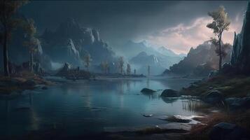 Lake Fantasy Backdrop Concept Art Realistic Illustration Background with photo
