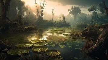 Swamp Fantasy Backdrop Concept Art Realistic Illustration Background with photo