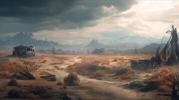 Wasteland Fantasy Backdrop Concept Art Realistic Illustration Background With photo