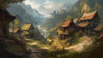 Village Fantasy Backdrop Concept Art Realistic Illustration Background with photo