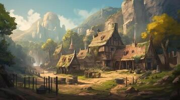 Village Fantasy Backdrop Concept Art Realistic Illustration Background with photo