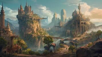 City Fantasy Backdrop Concept Art Realistic Illustration Background with photo