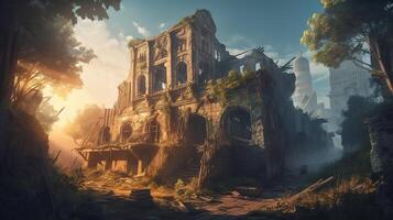 Ruin Building Fantasy Backdrop Concept Art Realistic Illustration Background with photo