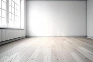 Close Up of An Empty Room White Wall and Wooden Floor Texture Illustration Background Mock Up with photo