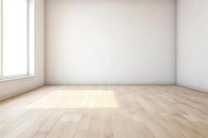 Close Up of An Empty Room White Wall and Wooden Floor Texture Illustration Background Mock Up with photo