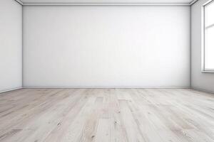 Close Up of An Empty Room White Wall and Wooden Floor Texture Illustration Background Mock Up with photo