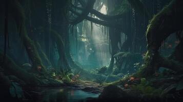 Deep Forest Fantasy Backdrop Concept Art Realistic Illustration Background with