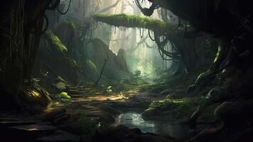 Deep Forest Fantasy Backdrop Concept Art Realistic Illustration Background with
