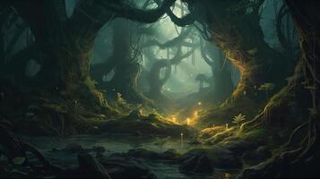 Deep Forest Fantasy Backdrop Concept Art Realistic Illustration Background with