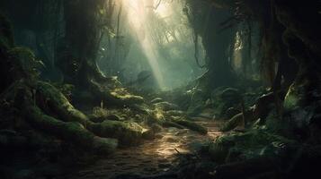 Deep Forest Fantasy Backdrop Concept Art Realistic Illustration Background with