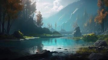 Lake Fantasy Backdrop Concept Art Realistic Illustration Background with photo