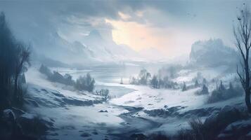 Winter Fantasy Backdrop Concept Art Realistic Illustration Background with photo