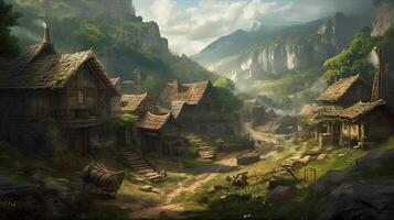 Village Fantasy Backdrop Concept Art Realistic Illustration Background with photo