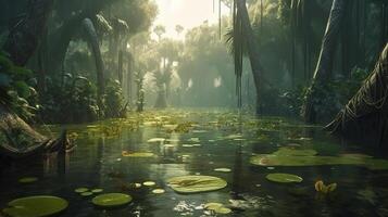 Swamp Fantasy Backdrop Concept Art Realistic Illustration Background with photo