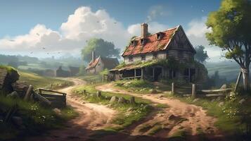 Farm Fantasy Backdrop Concept Art Realistic Illustration Background with photo