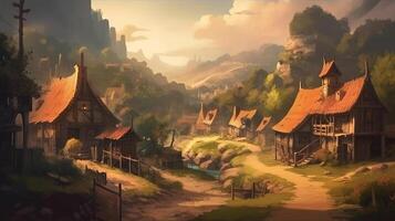 Village Fantasy Backdrop Concept Art Realistic Illustration Background with photo