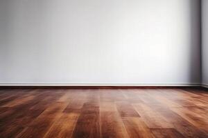 Close Up of An Empty Room White Wall and Wooden Floor Texture Illustration Background Mock Up with photo