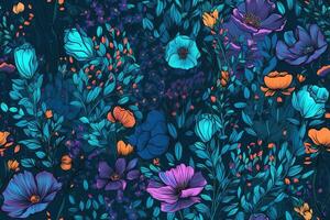 Vibrant Blue Flowers Illustration Seamless Pattern with