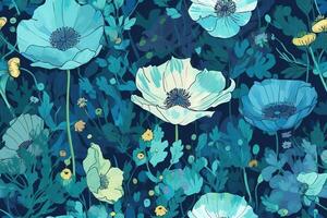 Vibrant Blue Flowers Illustration Seamless Pattern with