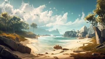 Beach Fantasy Backdrop Concept Art Realistic Illustration Background with