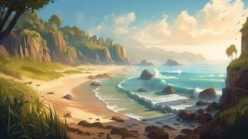 Beach Fantasy Backdrop Concept Art Realistic Illustration Background with